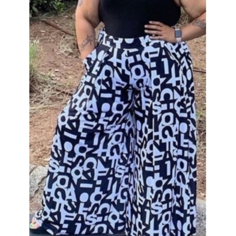 Plus Size Palazzo Pants - Alphabet Print - One Siz